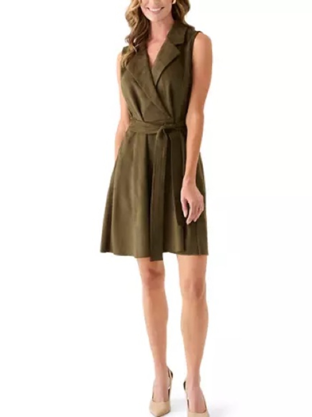 Emma & Michele Olive Sleeveless Suede Belted Trench Dress | Sz L